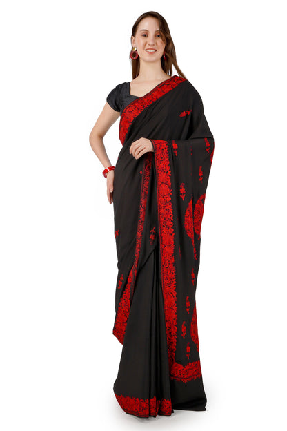 Kashmiri Aari Embroidered Crepe Silk Saree With Blouse, Kashmiri Sari, Indian Black Saree For Womens, Silk Embroidered Saree for Weddings