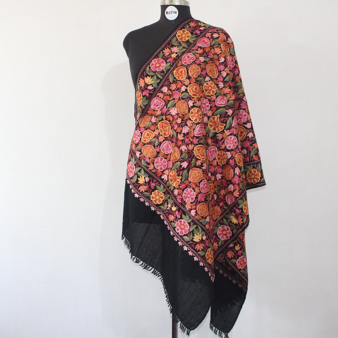 Handmade Kashmiri Merino Wool Stole, Intricate Aari Embroidery, Cozy Black Scarf