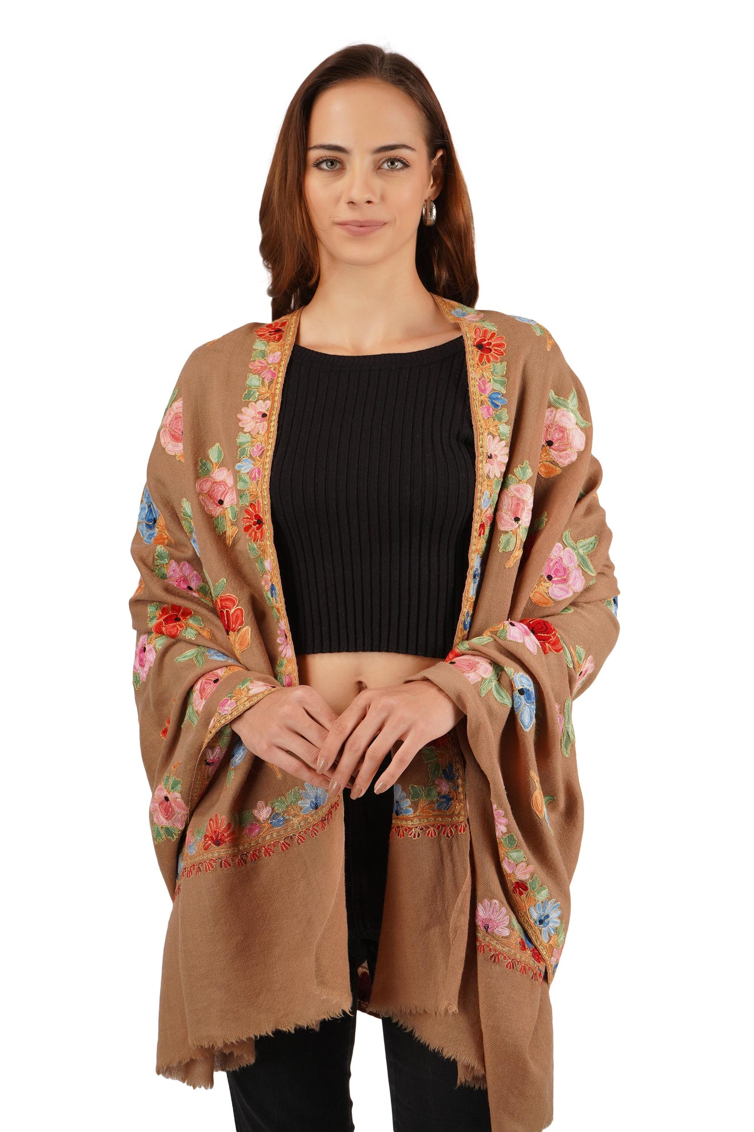 Kashmiri Embroidered Shawl, Shawl For Women,  Kashmiri Aari Thread Embroidery Fused With Tilla/Zari Embroidery, Pure Merino Wool Shawl,