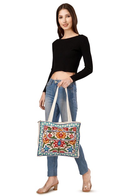 Kashmiri Hand Embroidered Pure Cotton Tote Handbag For Women, Boho Ethnic Shoulder Bag Floral Aari Embroidered Bag, Hobo Crossbody Purse