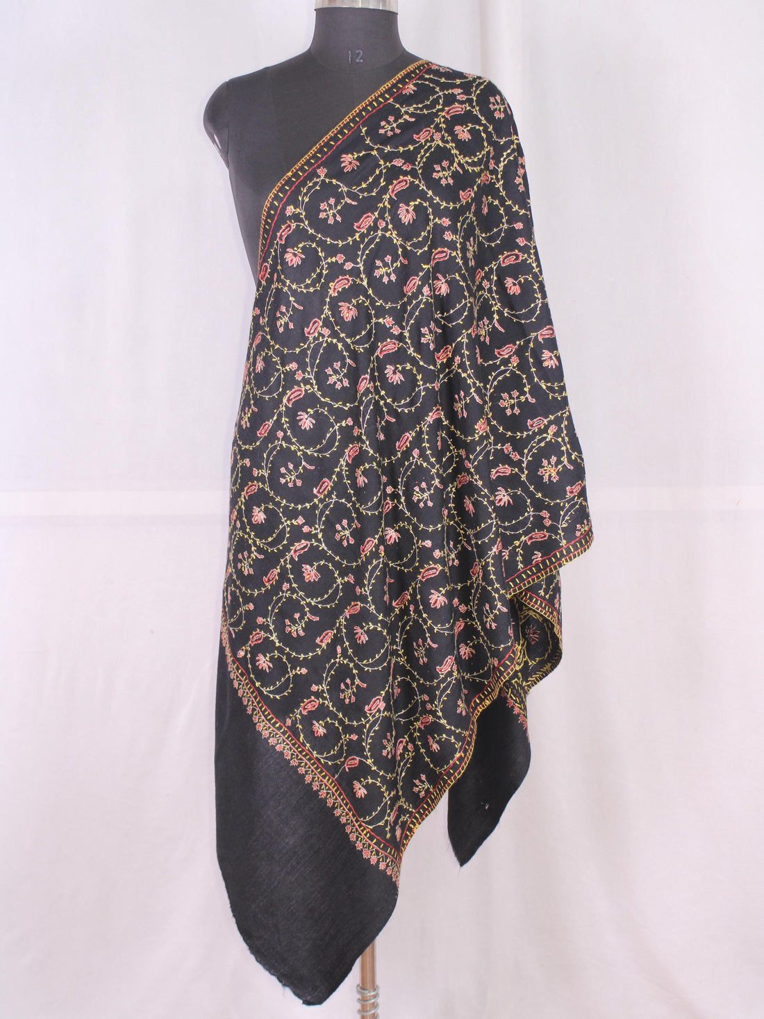 Woolen sozni Embroidered Kashmiri Stole, Handmade Stole, Fine Merino Wool Stole, Premium Scarf, Embroidered Wraps, Black Scarf