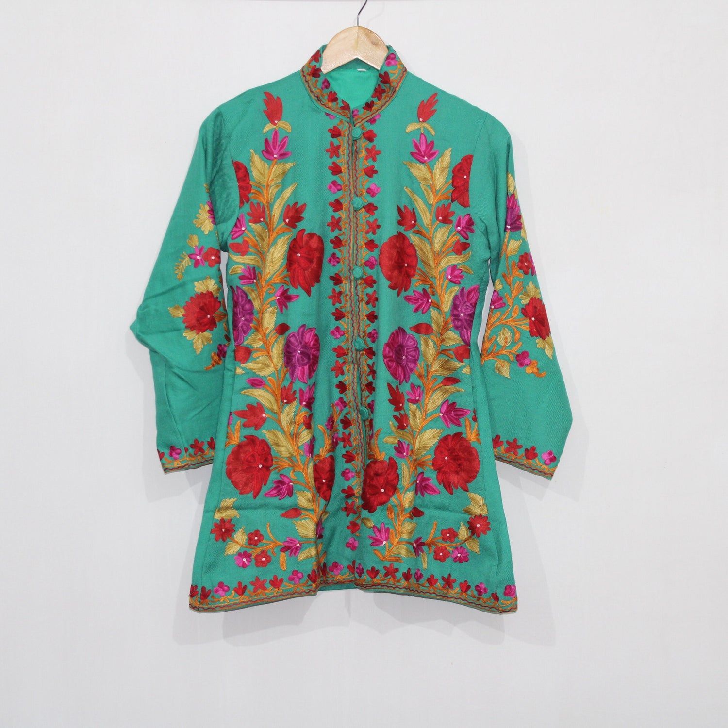 Kashmiri Wool Jacket, Chainstitch Embroidery, Multicolour Embroidered Short Coat, Winter Jacket For women