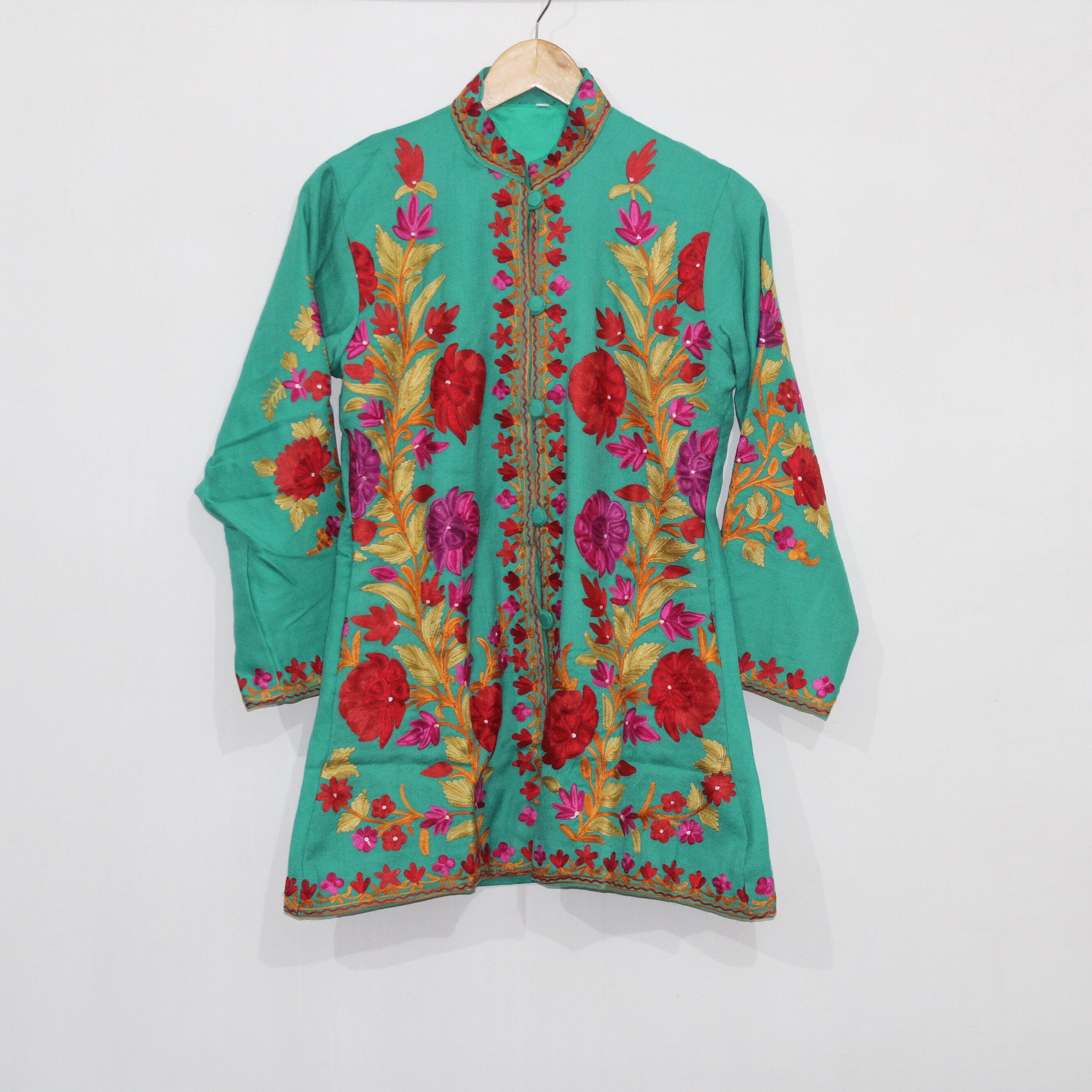 Kashmiri Wool Jacket, Chainstitch Embroidery, Multicolour Embroidered Short Coat, Winter Jacket For women