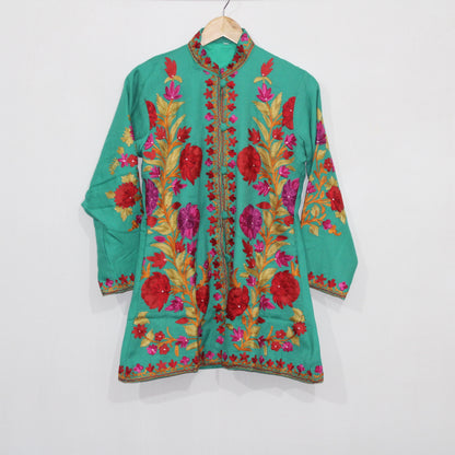 Kashmiri Wool Jacket, Chainstitch Embroidery, Multicolour Embroidered Short Coat, Winter Jacket For women