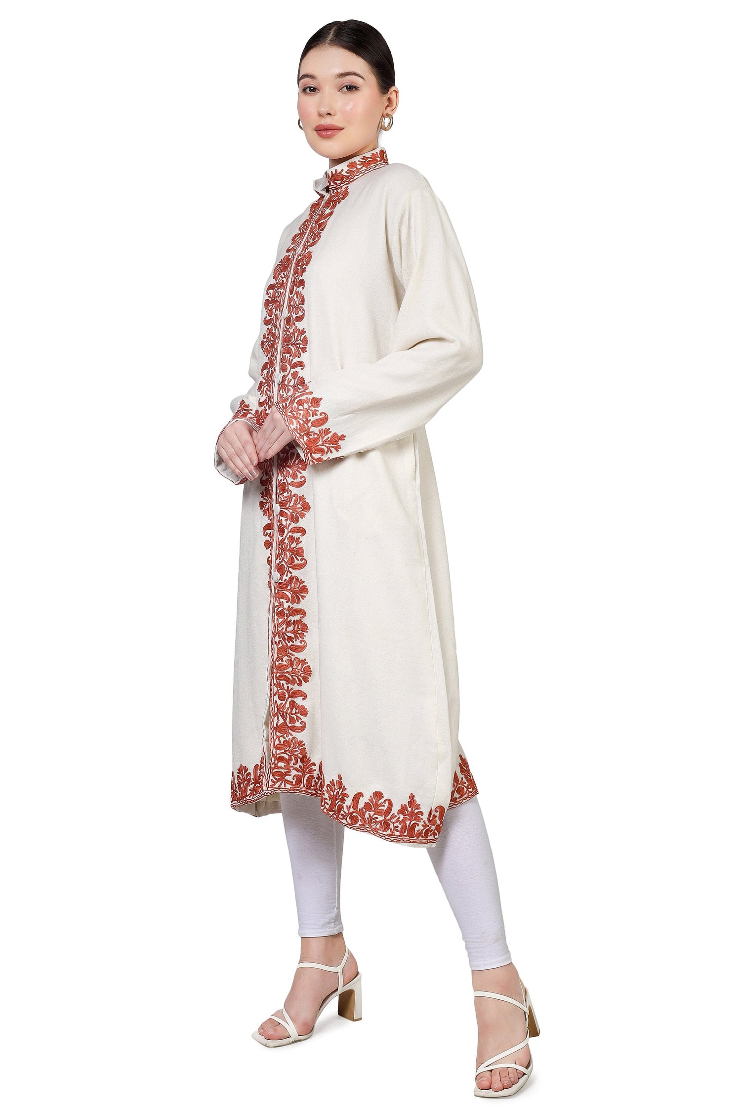 Long Kashmiri Embroidery Woolen Jacket, Kashmiri Embroidered Jacket, Embroidered Coat, white Jacket, Embroidered Long Jacket, BATIN®