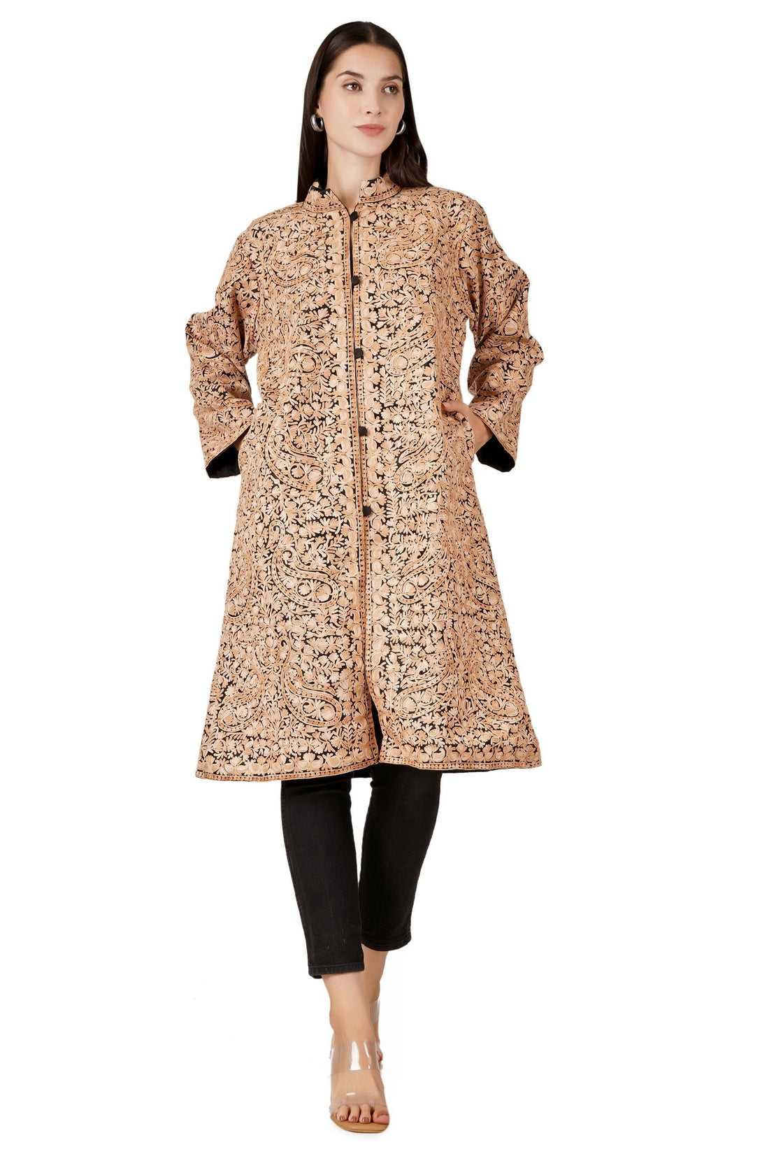 Kashmiri Jacket, Aari Embroidered Wool Jacket, Cashmere Jacket For Winter, Chain Stitch Embroidery, Long Embroidered Coat - BATIN
