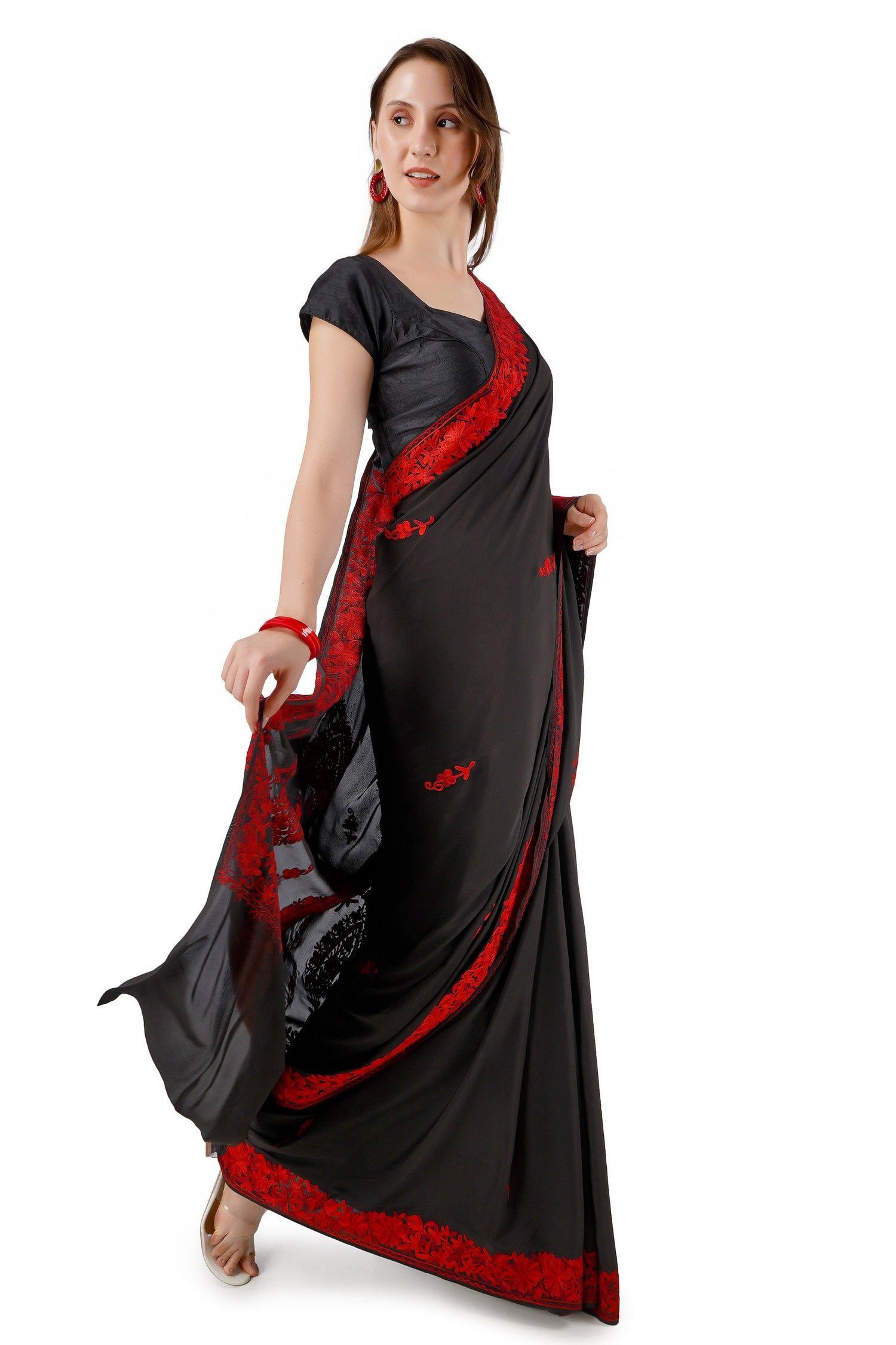 Kashmiri Aari Embroidered Crepe Silk Saree With Blouse, Kashmiri Sari, Indian Black Saree For Womens, Silk Embroidered Saree for Weddings