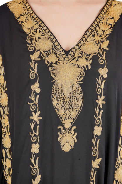 Kashmiri Zari Embroidered Crepe Silk Kaftan, Moroccan Caftan with Gold Embroidery, Long Length Kashmiri Tilla Embroidered Kaftan