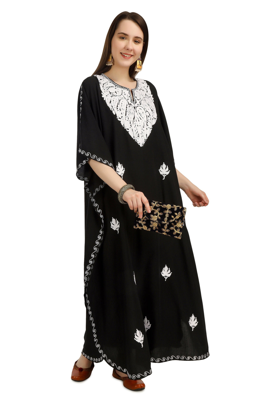 Kashmiri Aari Embroidered Cotton Kaftan for Women, Handmade Kaftan Dress for Girls, Cotton Maxi Dress for Summers