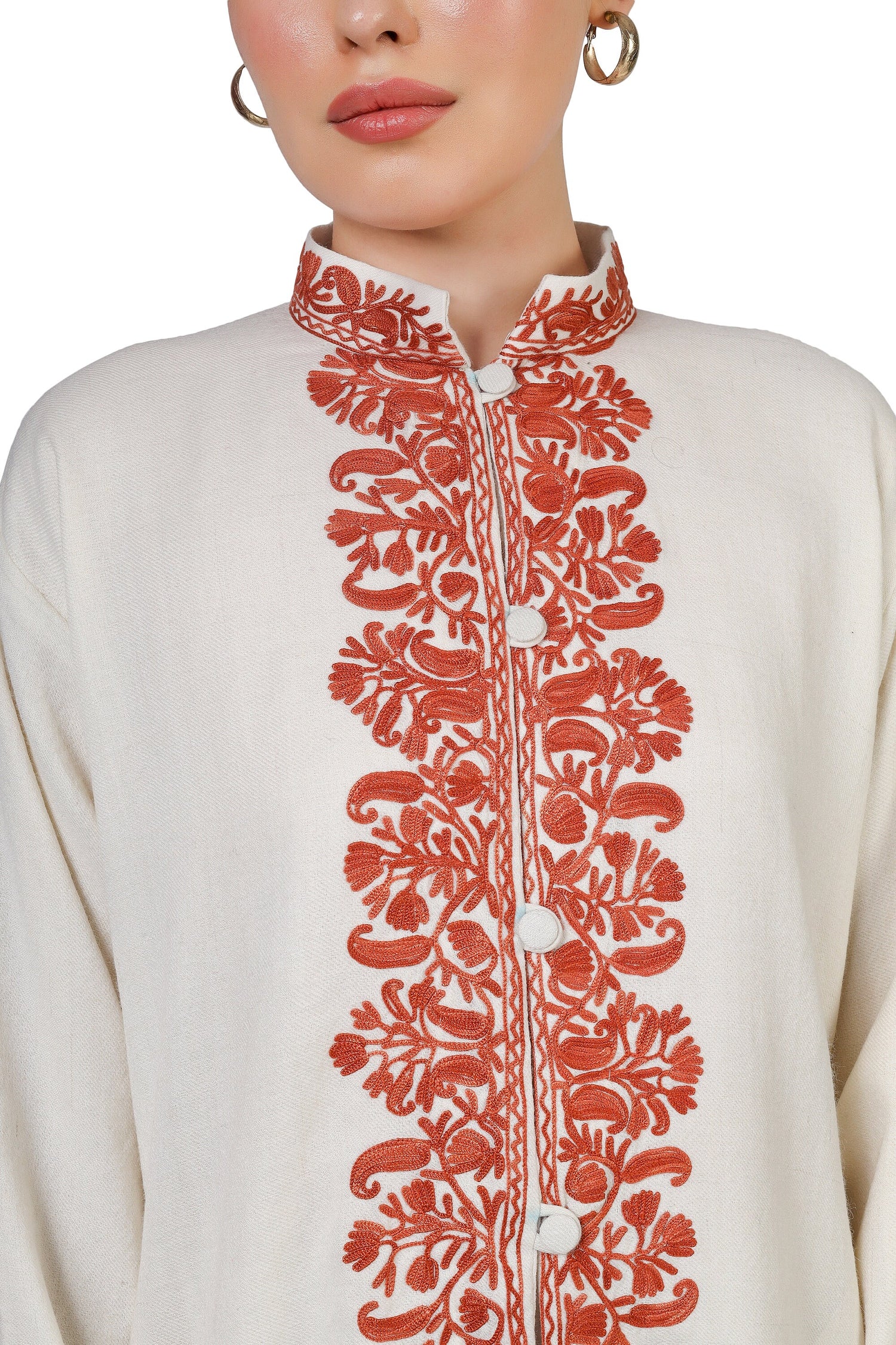 Long Kashmiri Embroidery Woolen Jacket, Kashmiri Embroidered Jacket, Embroidered Coat, white Jacket, Embroidered Long Jacket, BATIN®