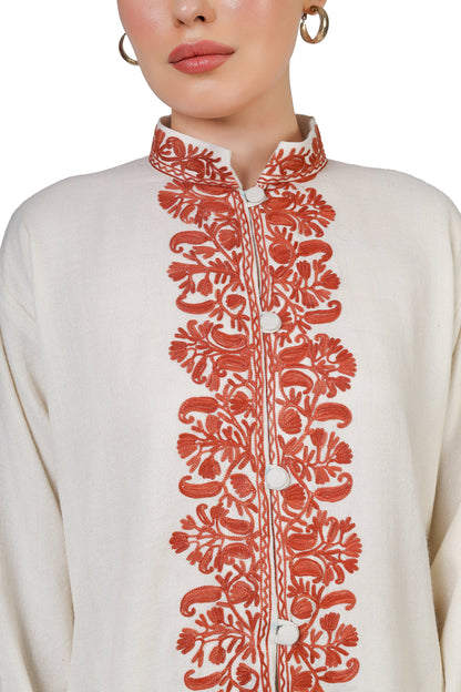 Long Kashmiri Embroidery Woolen Jacket, Kashmiri Embroidered Jacket, Embroidered Coat, white Jacket, Embroidered Long Jacket, BATIN®