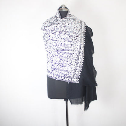 Kashmiri Stole, Fine Merino Wool Aari Embroidered Kashmiri Stole, Handmade Stole, Woolen Scarf, Embroidered Wraps, Black Scarf,