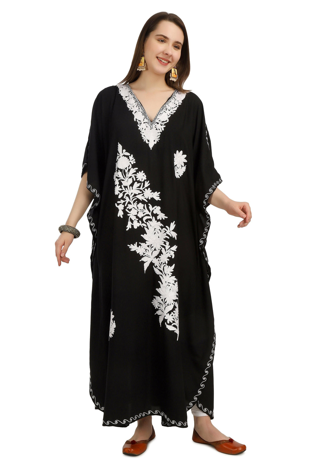 Kashmiri Aari Embroidered Cotton Kaftan for Women, Handmade Kaftan Dress for Girls, Cotton Maxi Dress for Summers