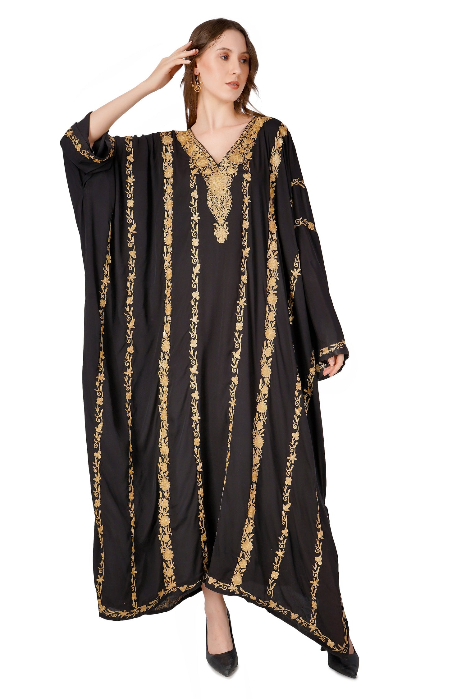 Kashmiri Zari Embroidered Crepe Silk Kaftan, Moroccan Caftan with Gold Embroidery, Long Length Kashmiri Tilla Embroidered Kaftan