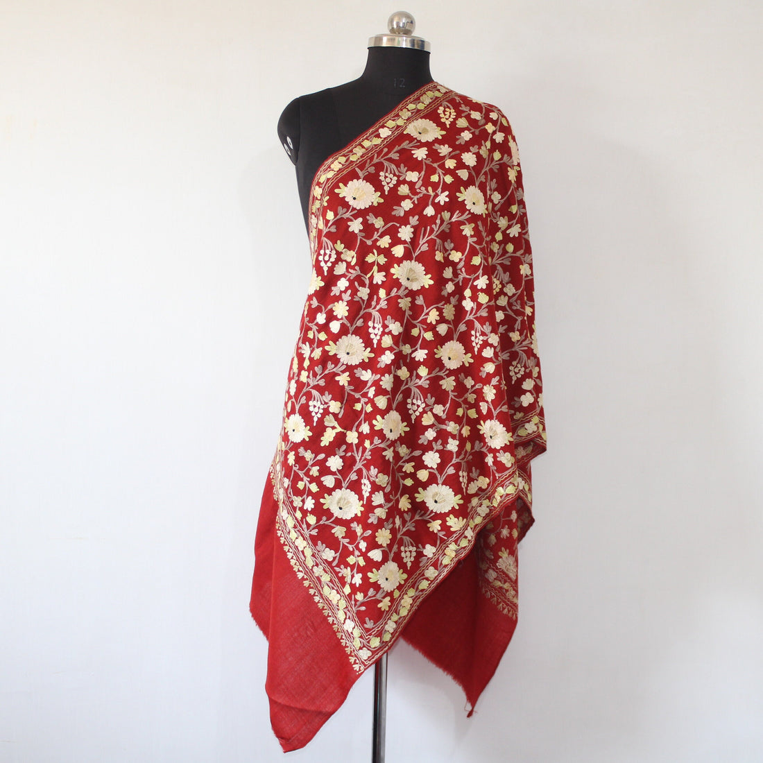 Kashmiri Stole, Fine Merino Wool Aari Embroidered Kashmiri Stole, Handmade Stole, Woolen Scarf, Embroidered Wraps, Maroon Scarf,