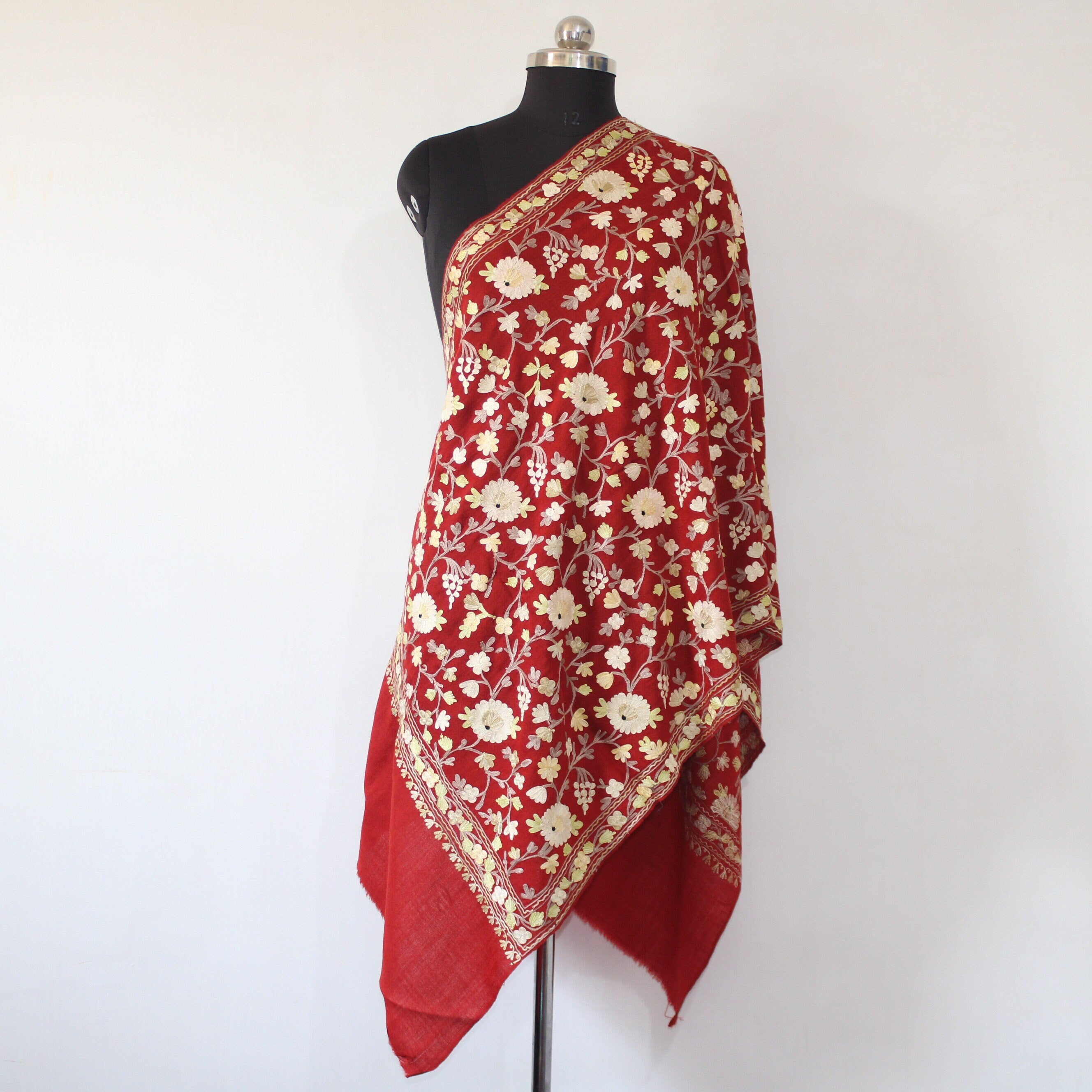Kashmiri Stole, Fine Merino Wool Aari Embroidered Kashmiri Stole, Handmade Stole, Woolen Scarf, Embroidered Wraps, Maroon Scarf,