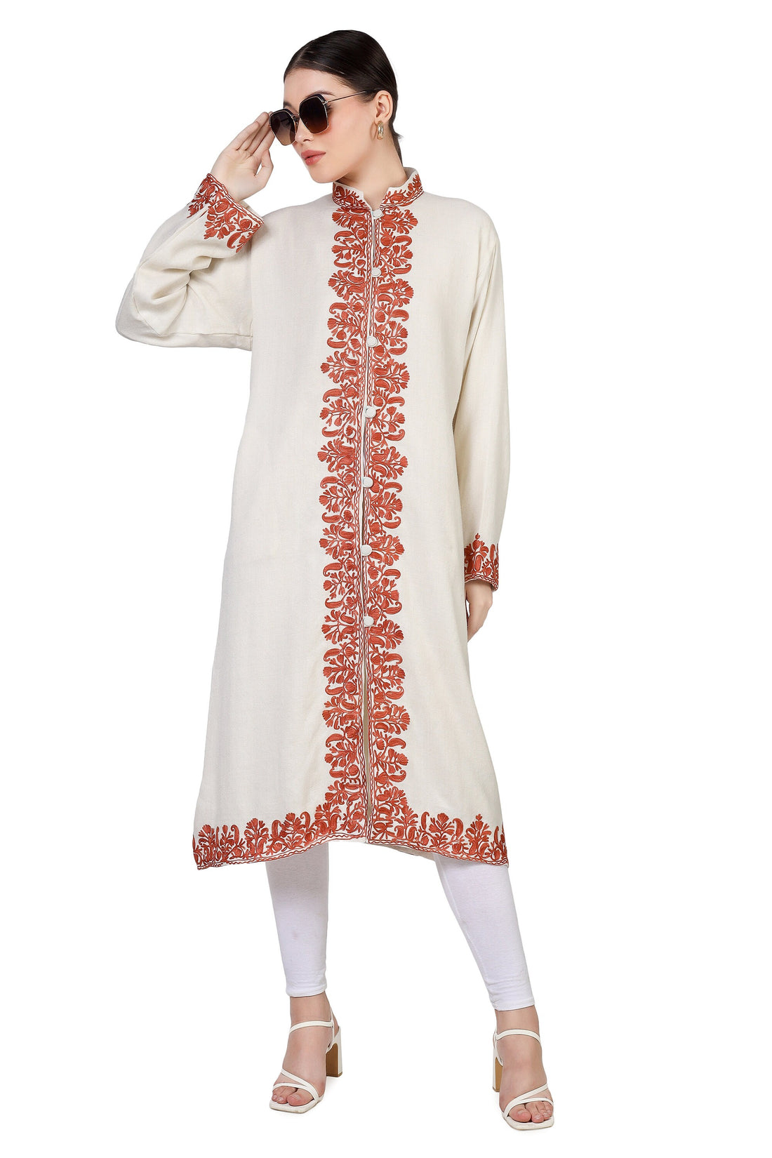 Long Kashmiri Embroidery Woolen Jacket, Kashmiri Embroidered Jacket, Embroidered Coat, white Jacket, Embroidered Long Jacket, BATIN®
