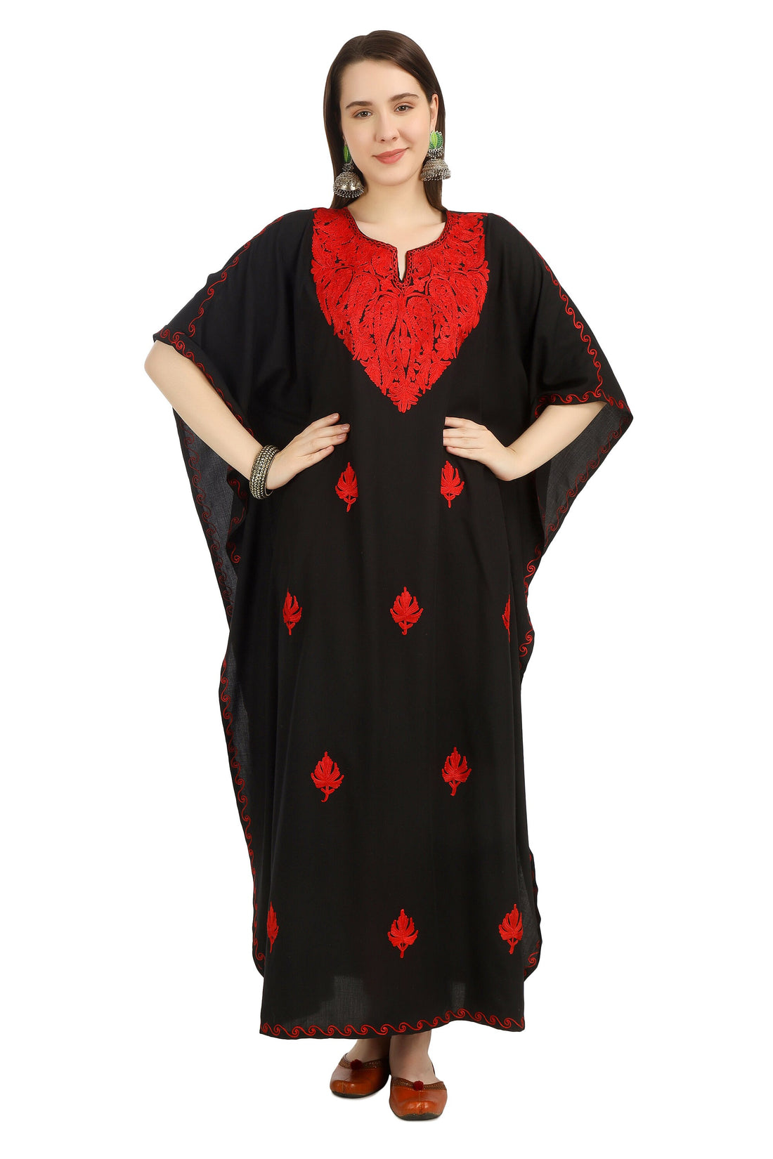 Kashmiri Aari Embroidered Cotton Kaftan for Women, Handmade Kaftan Dress for Girls, Cotton Maxi Dress for Summers