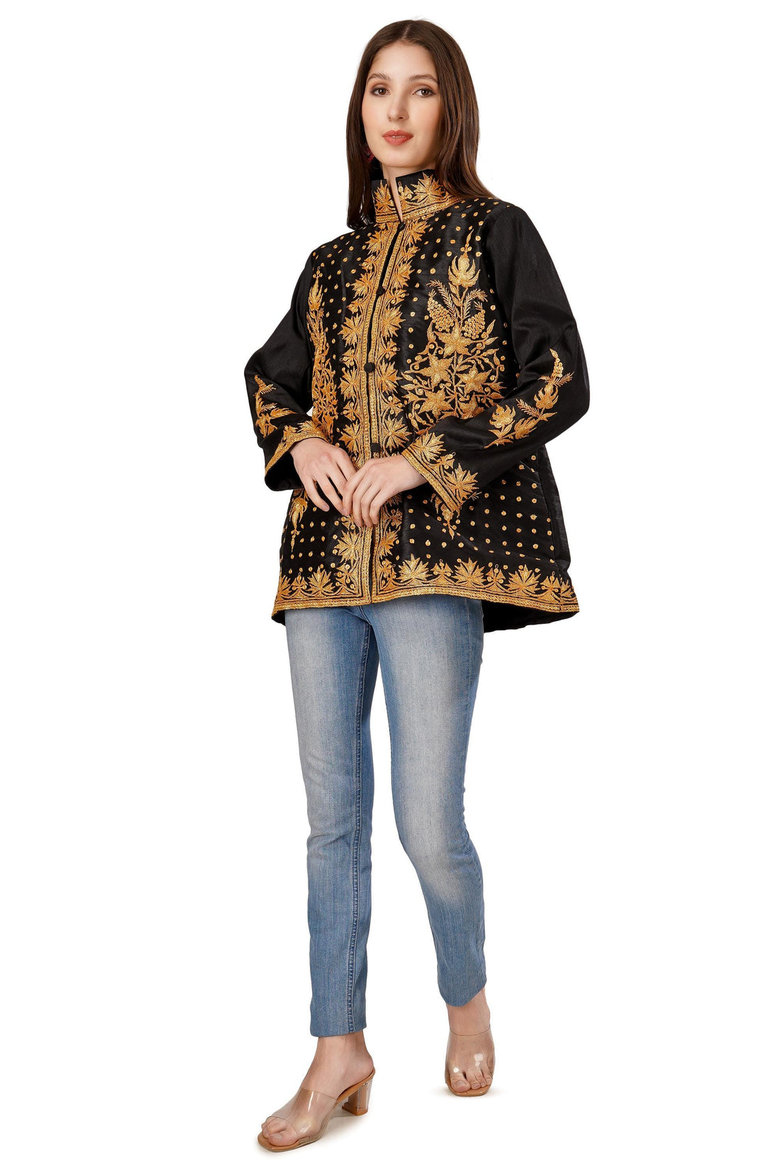 Kashmiri Jacket, Embroidered Silk Jacket, Short Length Coat, Bohemian Jacket, Tilla Embroidered Jacket, Short Embroidered Coat - BATIN