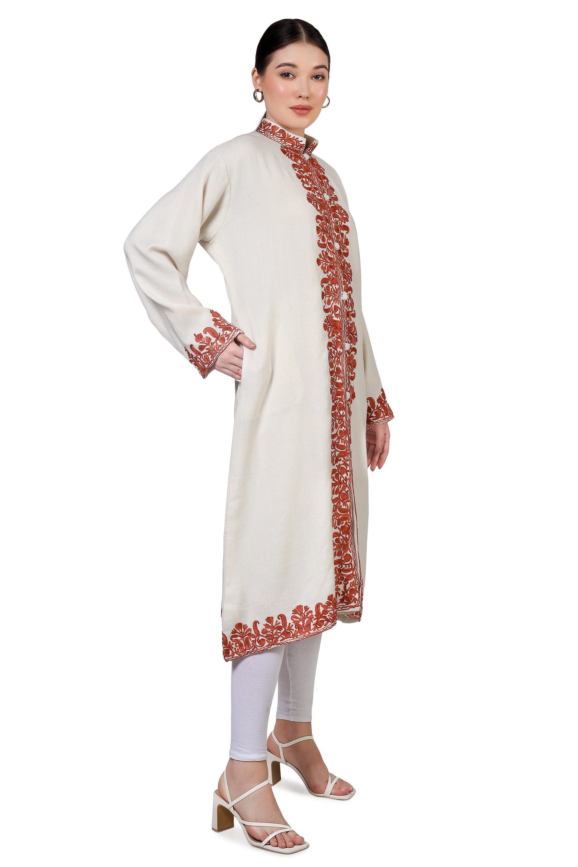 Long Kashmiri Embroidery Woolen Jacket, Kashmiri Embroidered Jacket, Embroidered Coat, white Jacket, Embroidered Long Jacket, BATIN®