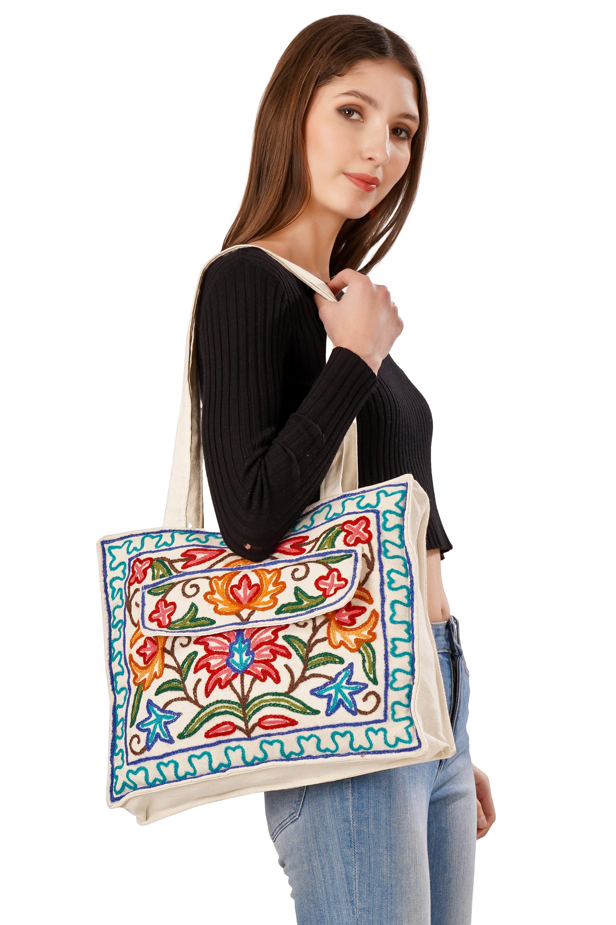 Kashmiri Hand Embroidered Pure Cotton Tote Handbag For Women, Boho Ethnic Shoulder Bag Floral Aari Embroidered Bag, Hobo Crossbody Purse