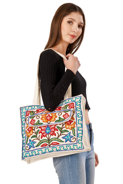 Kashmiri Hand Embroidered Pure Cotton Tote Handbag For Women, Boho Ethnic Shoulder Bag Floral Aari Embroidered Bag, Hobo Crossbody Purse