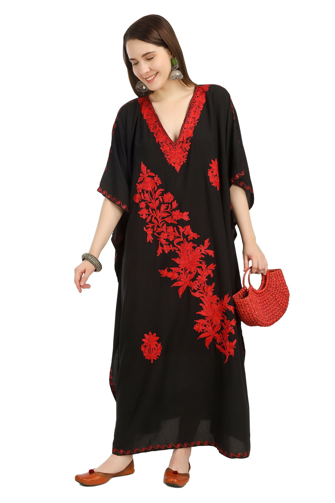 Kashmiri Aari Embroidered Cotton Kaftan for Women, Handmade Kaftan Dress for Girls, Cotton Maxi Dress for Summers