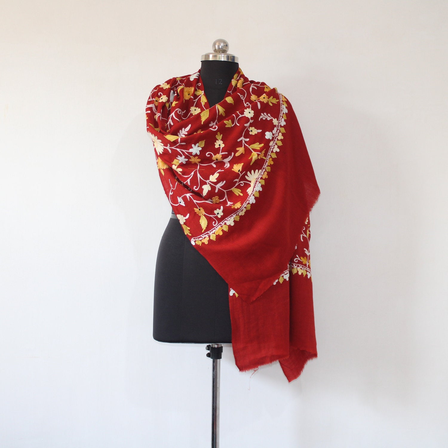Premium Handmade Kashmiri Scarf, Merino Wool Stole in Maroon, Embroidered Wrap