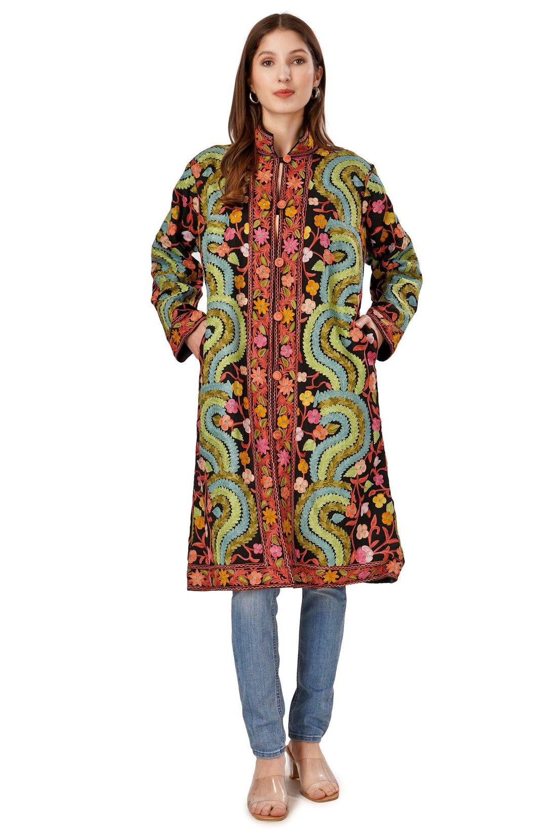 Kashmiri Jacket, Embroidered Silk Jacket, Long Length Coat, Bohemian Jacket, Embroidered Jacket, Long Embroidered Coat, Wool Winter Jacket