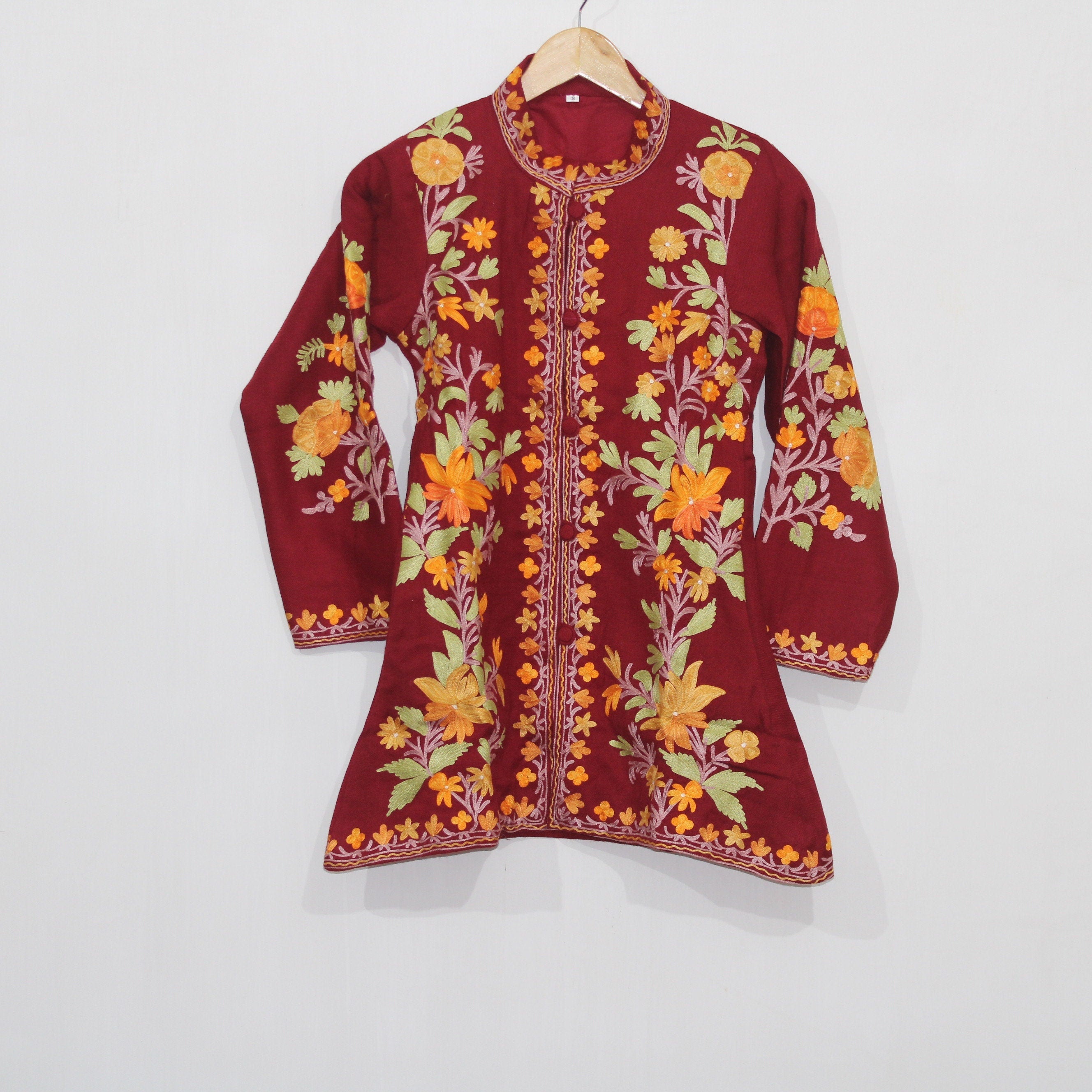 Kashmiri Wool Jacket, Chainstitch Embroidery, Multicolour Embroidered Short Coat, Winter Jacket For women