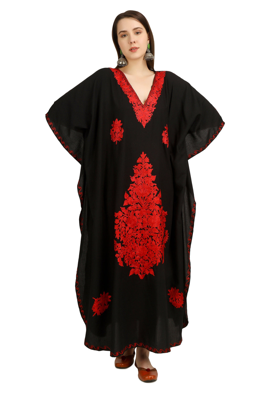 Kashmiri Aari Embroidered Cotton Kaftan for Women, Handmade Kaftan Dress for Girls, Cotton Maxi Dress for Summers
