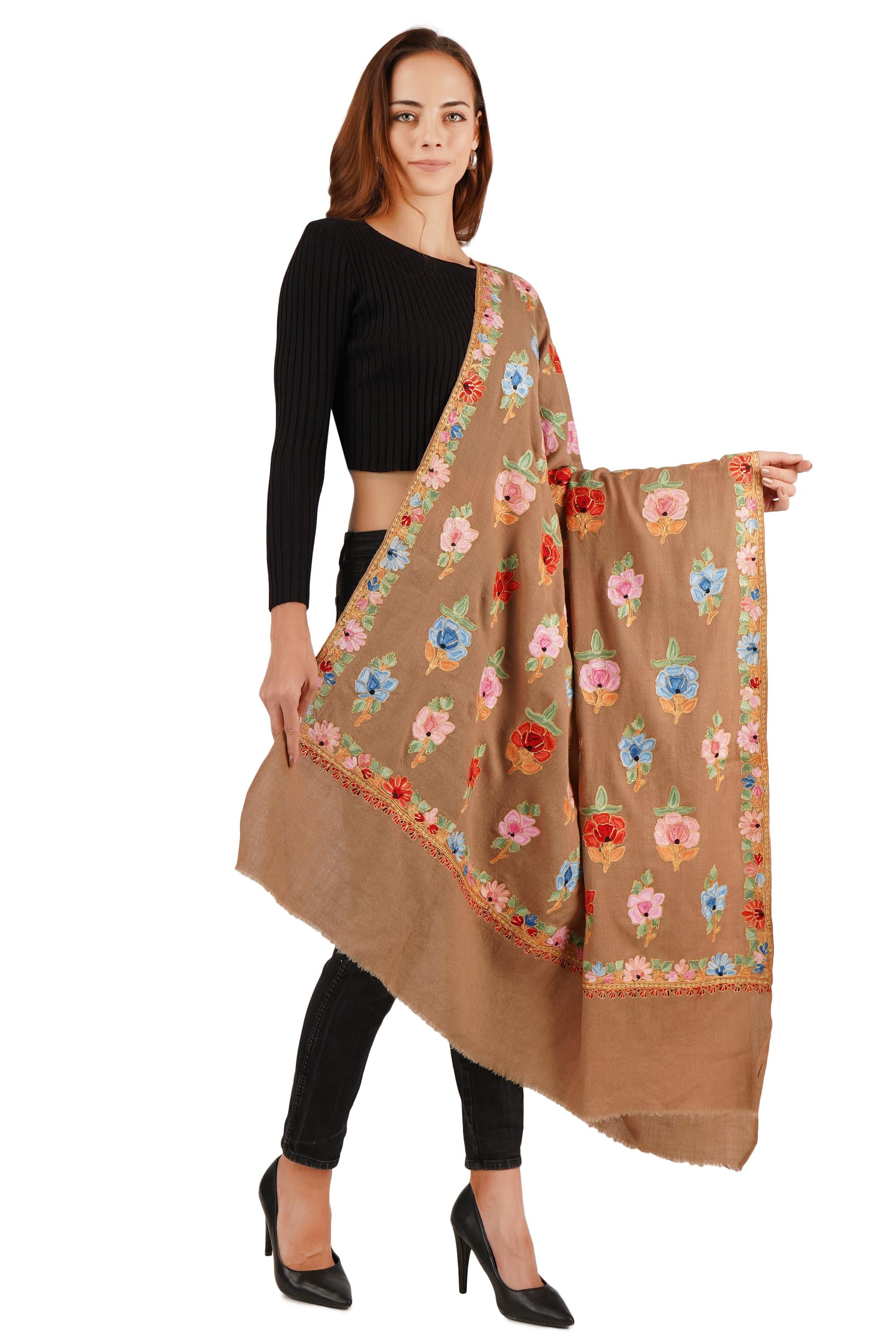 Kashmiri Embroidered Shawl, Shawl For Women,  Kashmiri Aari Thread Embroidery Fused With Tilla/Zari Embroidery, Pure Merino Wool Shawl,