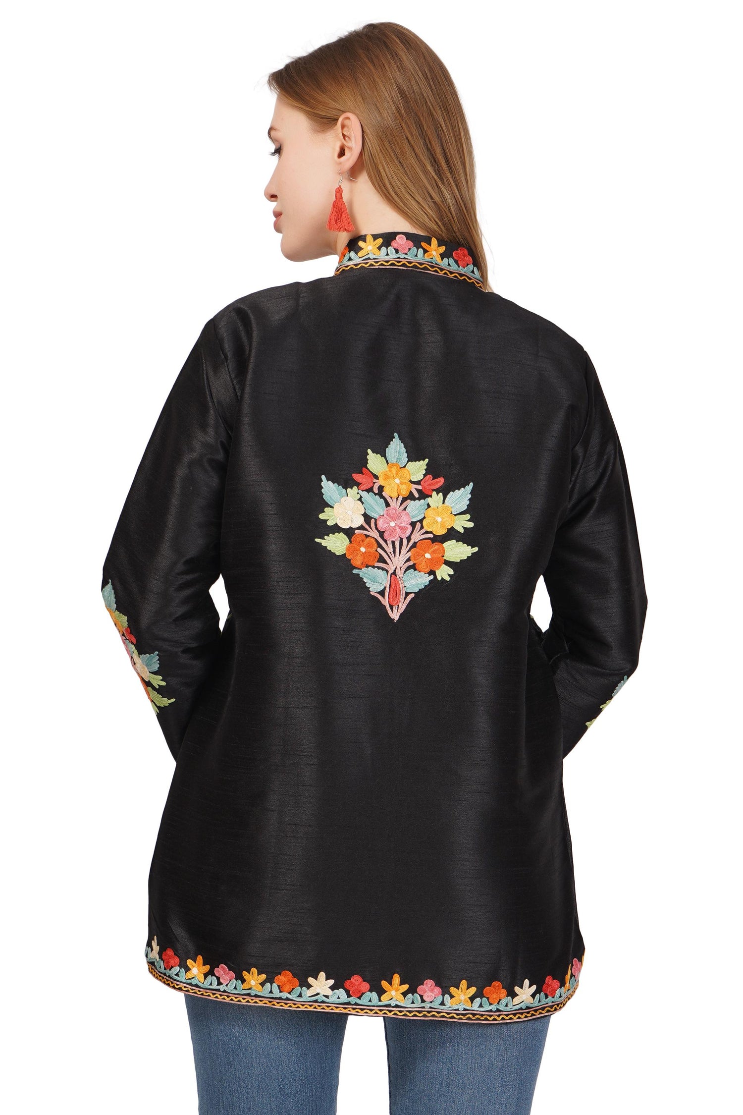 Kashmiri Jacket With Aari Embroidery, Floral Jacket With Multicolour Embroidery, Boho Coat, Short Black Jacket