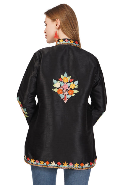 Kashmiri Jacket With Aari Embroidery, Floral Jacket With Multicolour Embroidery, Boho Coat, Short Black Jacket