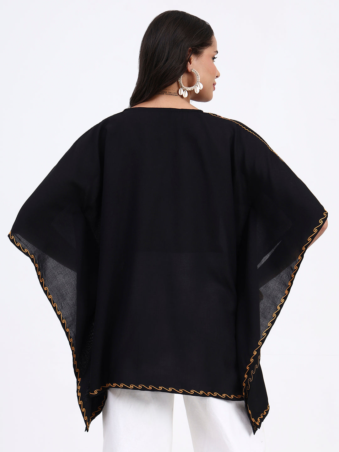 Kashmiri Aari Embroidered Short Cotton Kaftan, Embroidered Cotton Kaftan Regular Fit Top, Short Kurti For Summer