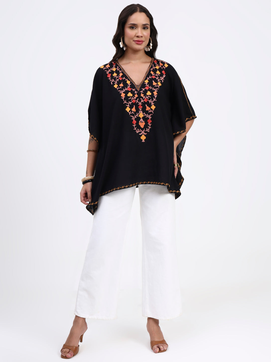 Kashmiri Aari Embroidered Short Cotton Kaftan, Embroidered Cotton Kaftan Regular Fit Top, Short Kurti For Summer