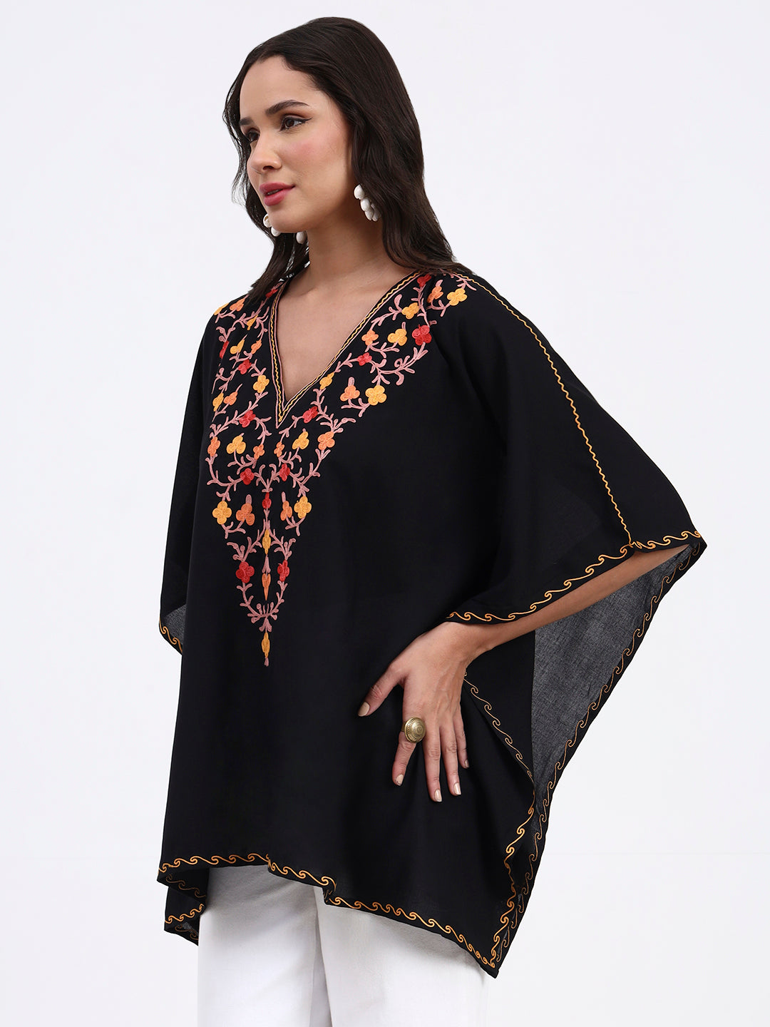 Kashmiri Aari Embroidered Short Cotton Kaftan, Embroidered Cotton Kaftan Regular Fit Top, Short Kurti For Summer