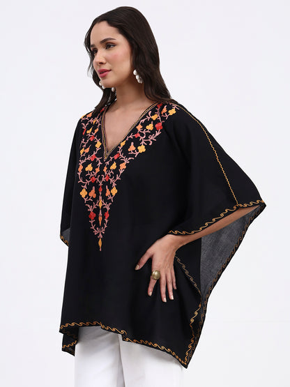 Kashmiri Aari Embroidered Short Cotton Kaftan, Embroidered Cotton Kaftan Regular Fit Top, Short Kurti For Summer