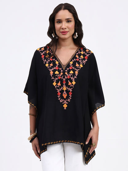 Kashmiri Aari Embroidered Short Cotton Kaftan, Embroidered Cotton Kaftan Regular Fit Top, Short Kurti For Summer