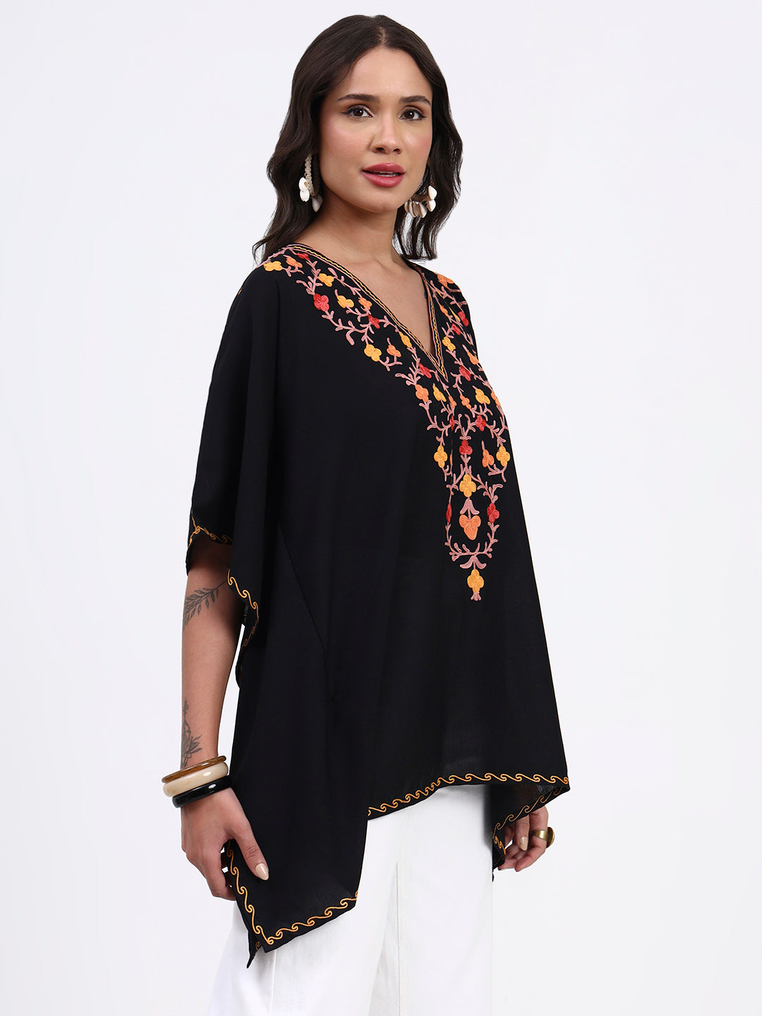 Kashmiri Aari Embroidered Short Cotton Kaftan, Embroidered Cotton Kaftan Regular Fit Top, Short Kurti For Summer