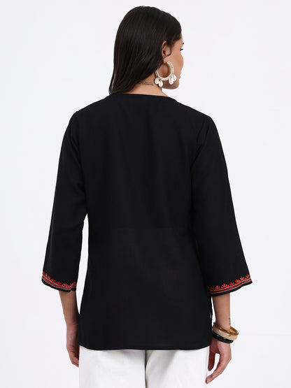 Kashmiri Aari Embroidered  Short Cotton Kurti For Womens