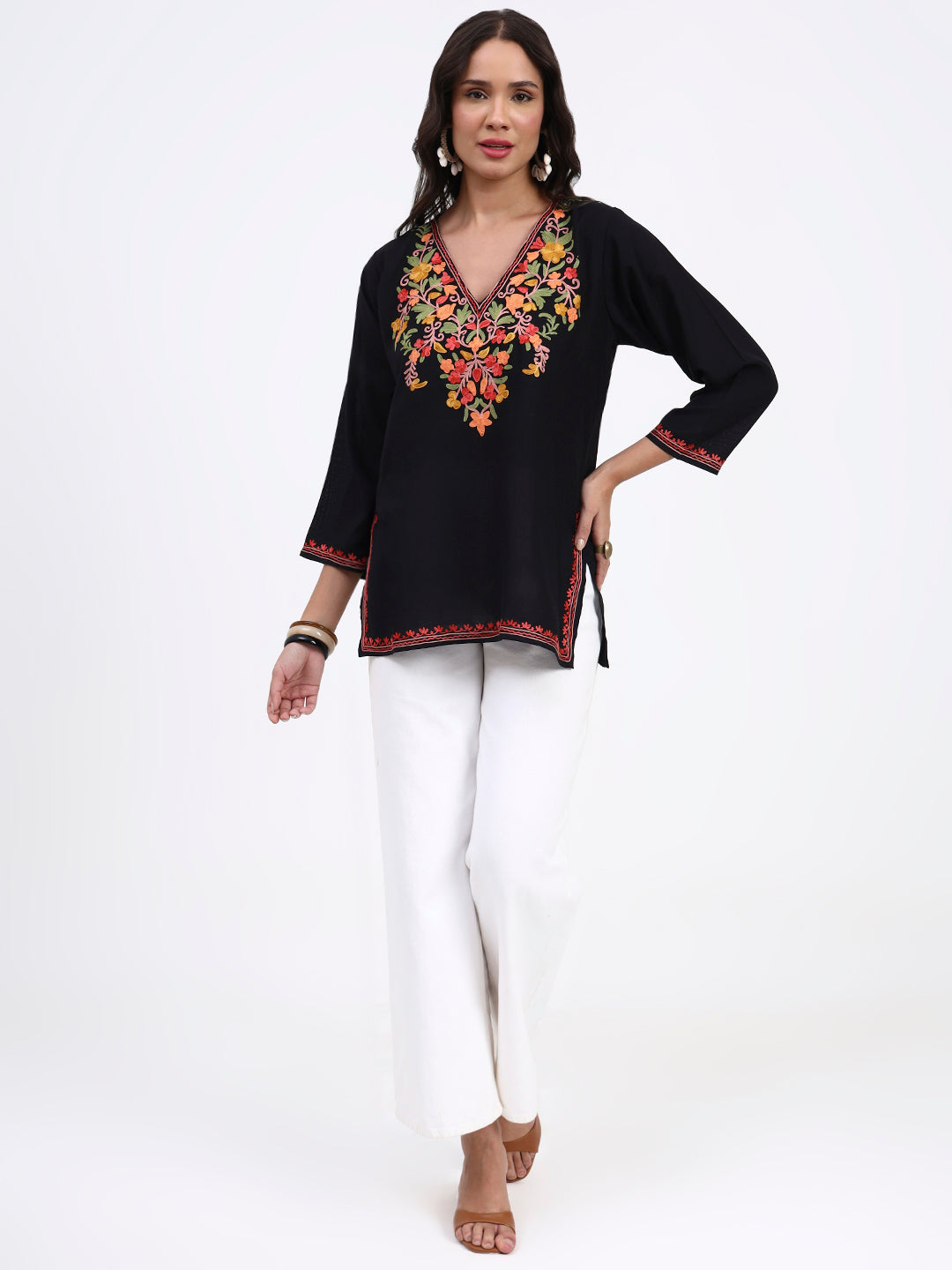 Kashmiri Aari Embroidered  Short Cotton Kurti For Womens