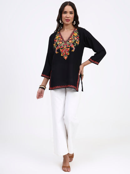 Kashmiri Aari Embroidered  Short Cotton Kurti For Womens