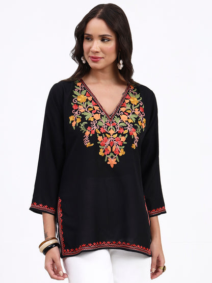 Kashmiri Aari Embroidered  Short Cotton Kurti For Womens