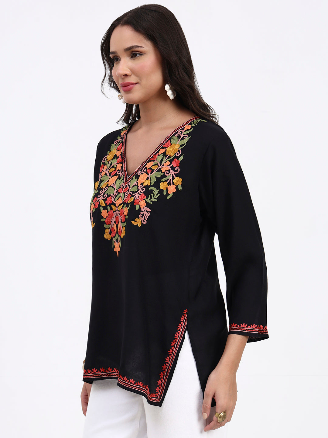 Kashmiri Aari Embroidered  Short Cotton Kurti For Womens