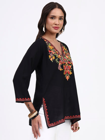 Kashmiri Aari Embroidered  Short Cotton Kurti For Womens