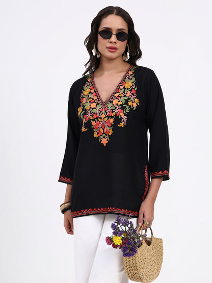 Kashmiri Aari Embroidered  Short Cotton Kurti For Womens
