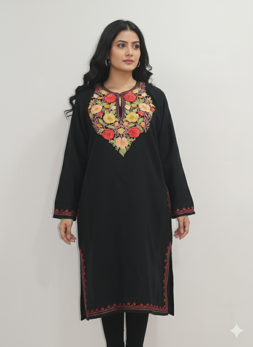 Kashmiri Pheran, Women Tunics, Indian Kurtis, Woolen Embroidered Pheran, Fine Merino Wool 42 Count (Raffal) Pheran