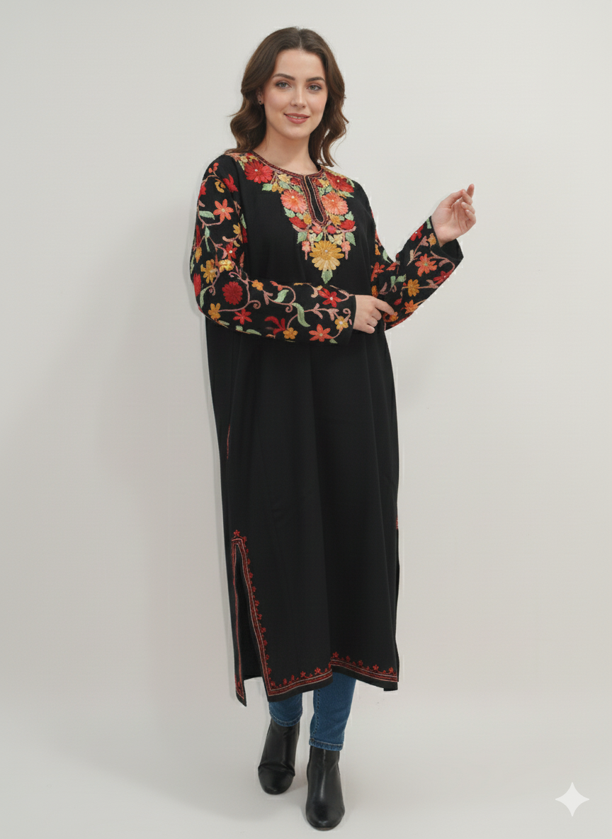 Kashmiri Pheran, Floral Embroidered Woolen Pheran, Women Tunics, Indian Kurtis, Fine Merino Wool 42 Count (Raffal) Poshkar Naaldhar/jaaldhar Pheran