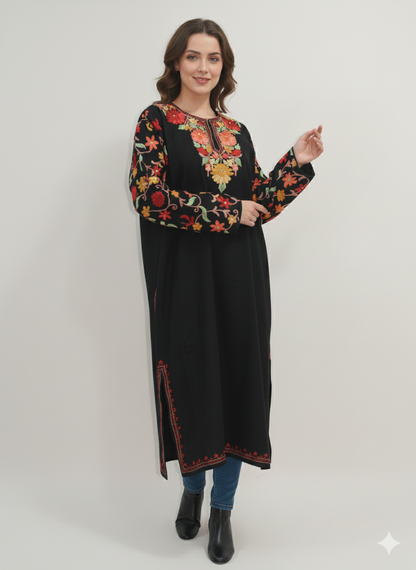 Kashmiri Pheran, Floral Embroidered Woolen Pheran, Women Tunics, Indian Kurtis, Fine Merino Wool 42 Count (Raffal) Poshkar Naaldhar/jaaldhar Pheran